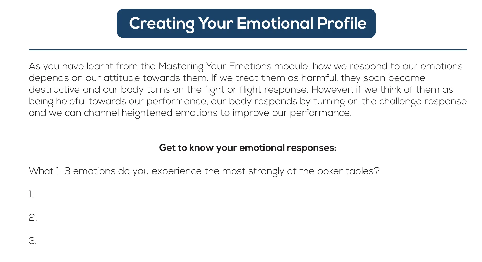 Mechanics of Poker emotional profile exercise asking players to identify emotions at the table