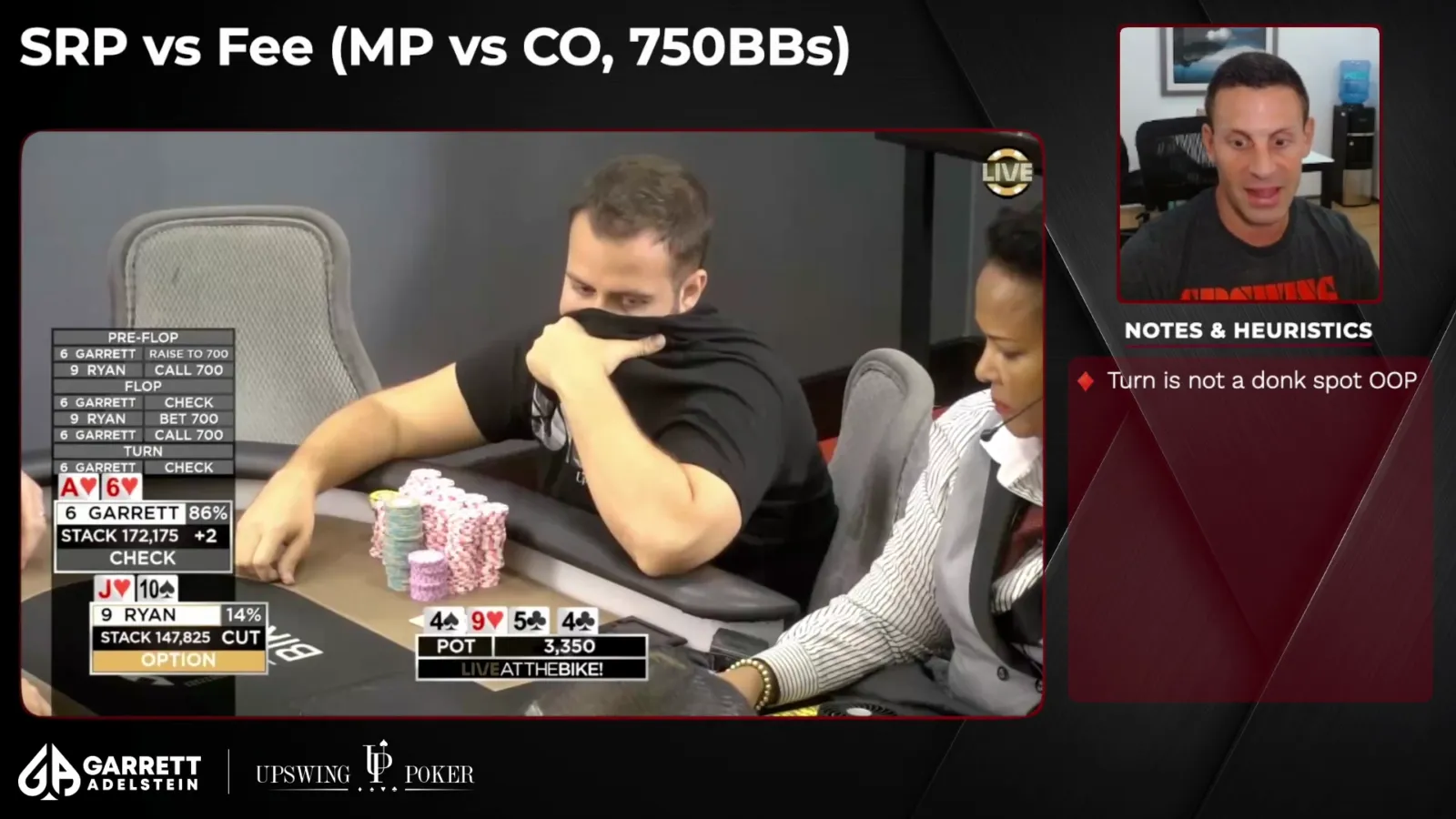 Garrett Adelstein reviewing an early Live at the Bike hand against Ryan Fee